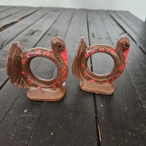 Festive Turkey Napkin Rings Brown Red Thanksgiving Vintage Ceramic Hand Painted